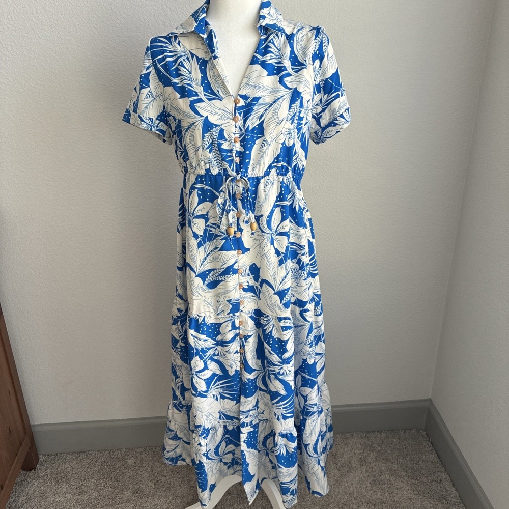 Umgee Tropical Print Button Front Midi Dress Blue White Medium Vacation Resort